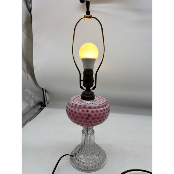 Antique Hobbs Cranberry Coin Spot Opalescent Glass Kerosene Oil Lamp Electrified - Picture 2 of 7